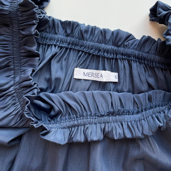 Mersea Tulum Ruffle Mini Dress Navy Blue Womens Small Pockets Off Shoulder - Picture 11 of 12